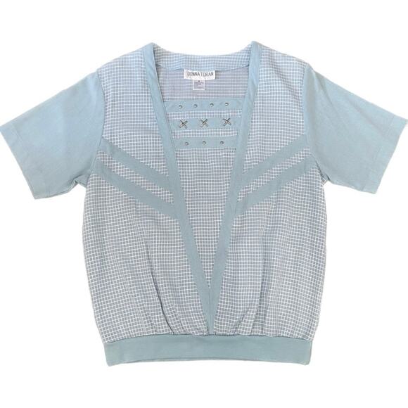 Vintage Shirt Nautical Blouse Sailorcore Checked Short Sleeve Squareneck - Picture 1 of 6